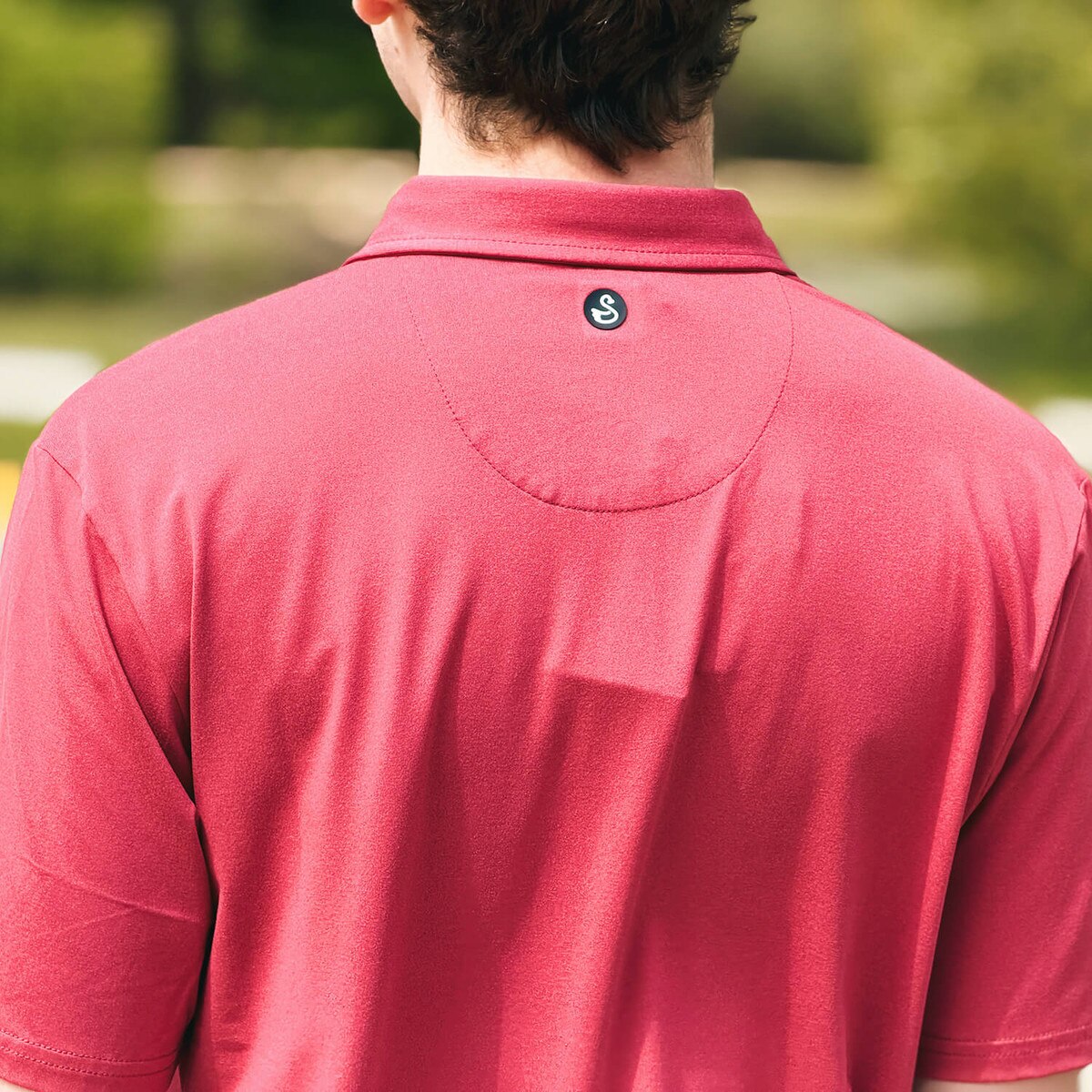 Back logo on Swannies Cyclones Script Cardinal James H Polo